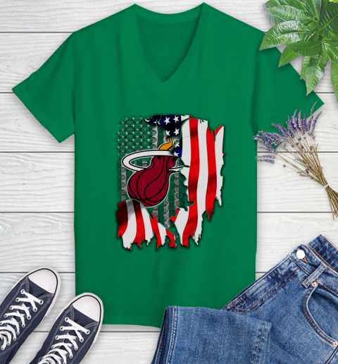 Miami Heat NBA Basketball American Flag Women's V-Neck T-Shirt 5
