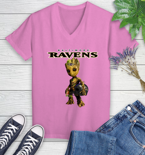Baltimore Ravens NFL Football Groot Marvel Guardians Of The Galaxy Women's V-Neck T-Shirt 14