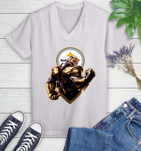 NFL Thanos Avengers Endgame Football Sports Pittsburgh Steelers Women's V-Neck T-Shirt