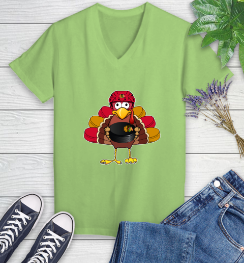 Chicago Blackhawks Turkey Thanksgiving Day Women's V-Neck T-Shirt 11