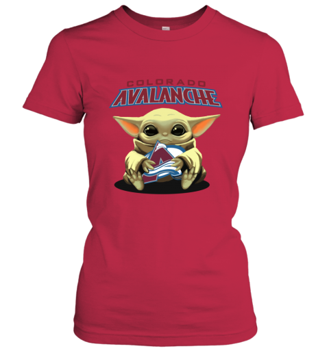 90vw baby yoda hugs the colorado avalanche ladies t shirt 20 front red