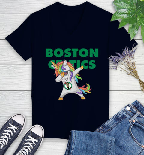 Boston Celtics NBA Basketball Funny Unicorn Dabbing Sports Women's V-Neck T-Shirt 3