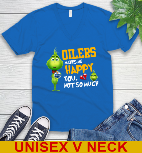 NHL Edmonton Oilers Makes Me Happy You Not So Much Grinch Hockey Sports V-Neck T-Shirt - Image 6