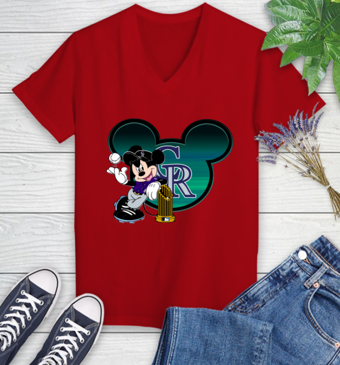 MLB Colorado Rockies The Commissioner's Trophy Mickey Mouse Disney Women's V-Neck T-Shirt 12