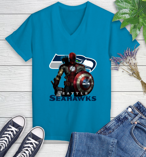 NFL Captain America Thor Spider Man Hawkeye Avengers Endgame Football Seattle Seahawks Women's V-Neck T-Shirt 7