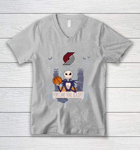 NBA Portland Trail Blazers Basketball Jack Skellington Halloween V-Neck T-Shirt 3