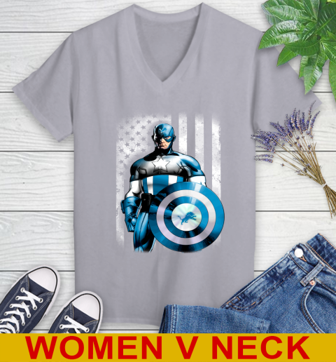 Detroit Lions NFL Football Captain America Marvel Avengers American Flag Shirt Women's V-Neck T-Shirt 4