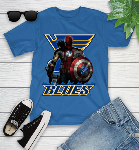 NHL Captain America Thor Spider Man Hawkeye Avengers Endgame Hockey St.Louis Blues Youth T-Shirt 9