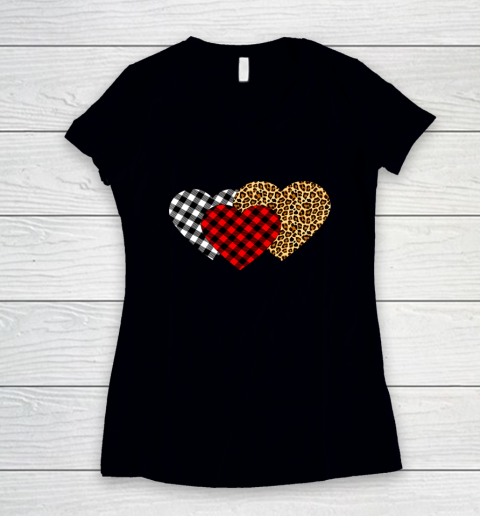 Leopard Heart Buffalo Plaid Heart Valentine Day Women's V-Neck T-Shirt
