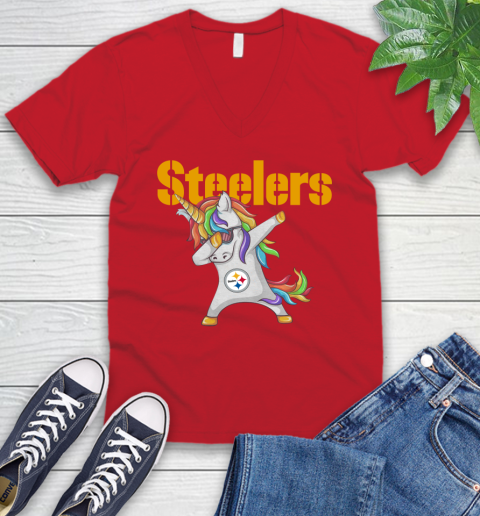 Pittsburgh Steelers NFL Football Funny Unicorn Dabbing Sports V-Neck T-Shirt 7