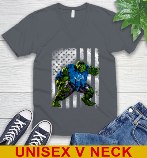 Detroit Lions Hulk Marvel Avengers NFL Football American Flag V-Neck T-Shirt 4