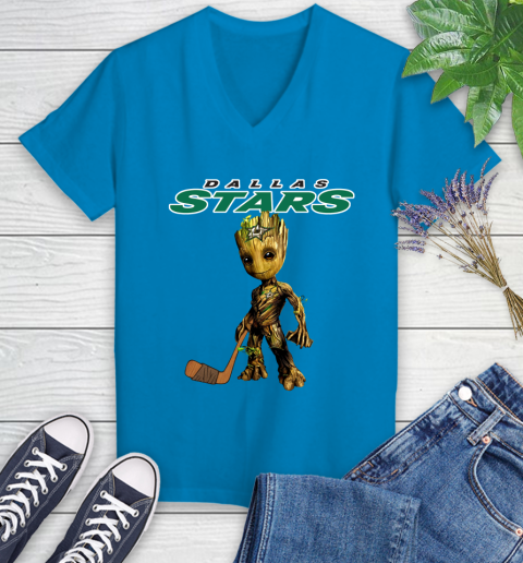 Dallas Stars NHL Hockey Groot Marvel Guardians Of The Galaxy Women's V-Neck T-Shirt 7