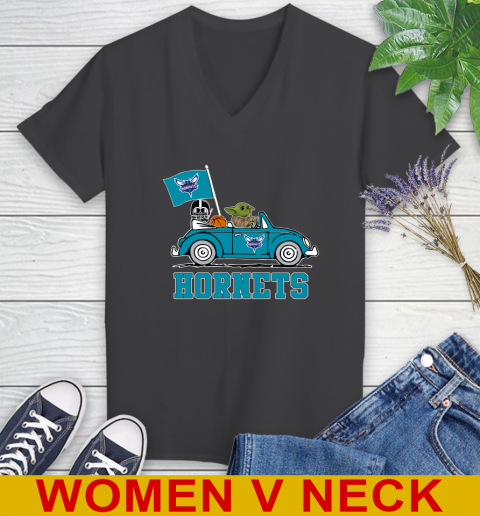 NBA Basketball Charlotte Hornets Darth Vader Baby Yoda Driving Star Wars Shirt Women's V-Neck T-Shirt 9