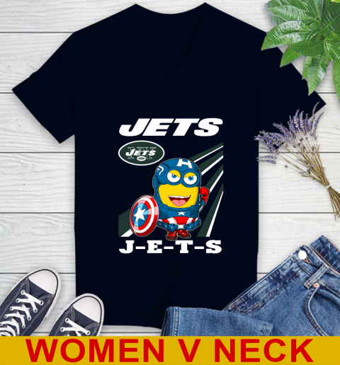 NFL Football New York Jets Captain America Marvel Avengers Minion Shirt Women's V-Neck T-Shirt 2