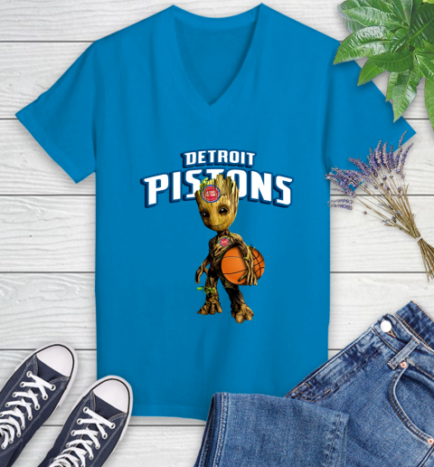 Detroit Pistons NBA Basketball Groot Marvel Guardians Of The Galaxy Women's V-Neck T-Shirt 7