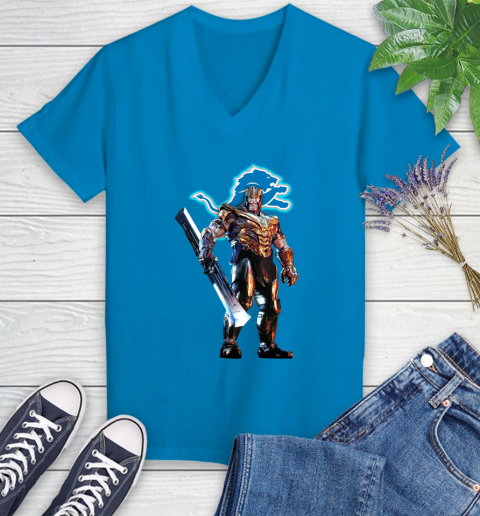 NFL Thanos Gauntlet Avengers Endgame Football Detroit Lions Women's V-Neck T-Shirt 7