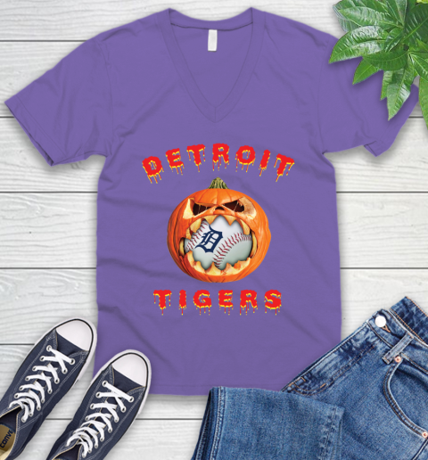 MLB Detroit Tigers Halloween Pumpkin Baseball Sports V-Neck T-Shirt 10