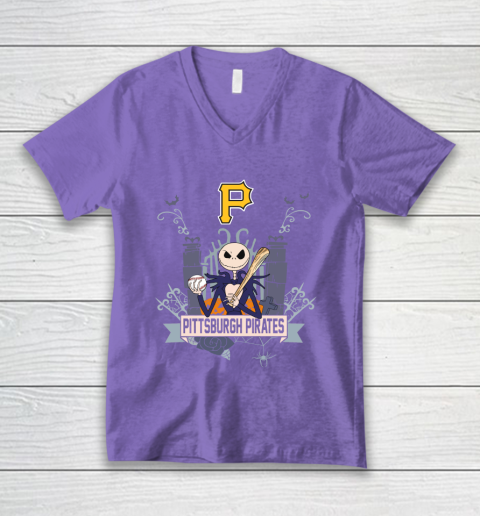 MLB Pittsburgh Pirates Baseball Jack Skellington Halloween V-Neck T-Shirt 8