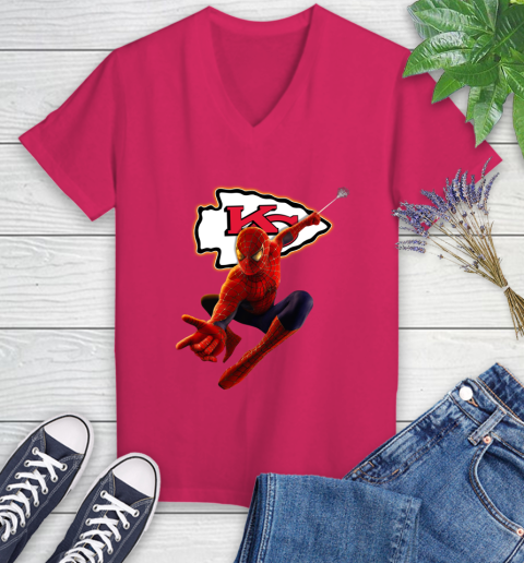 NFL Spider Man Avengers Endgame Football Kansas City Chiefs Women's V-Neck T-Shirt 9