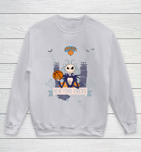 NBA New York Knicks Basketball Jack Skellington Halloween Youth Sweatshirt 3