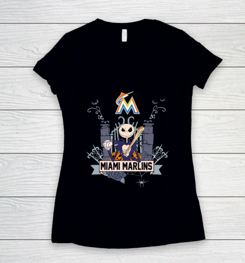 MLB Miami Marlins Baseball Jack Skellington Halloween Women's V-Neck T-Shirt