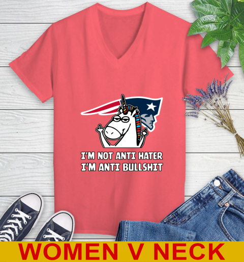 New England Patriots NFL Football Unicorn I'm Not Anti Hater I'm Anti Bullshit Women's V-Neck T-Shirt 7