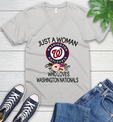MLB Just A Woman Who Loves Washington Nationals Baseball Sports V-Neck T-Shirt