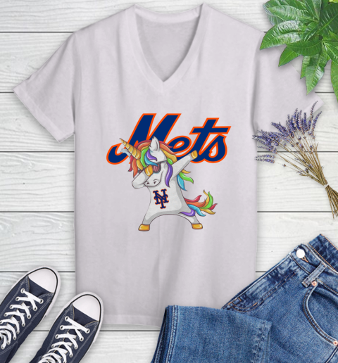 New York Mets MLB Baseball Funny Unicorn Dabbing Sports Women's V-Neck T-Shirt