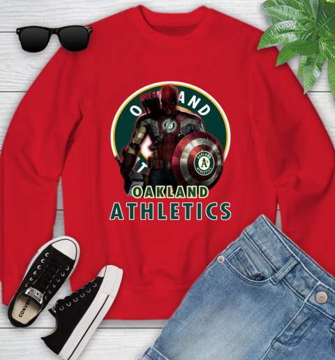 MLB Captain America Thor Spider Man Hawkeye Avengers Endgame Baseball Oakland Athletics Youth Sweatshirt 9