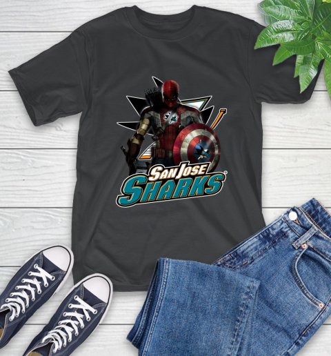 NHL Captain America Thor Spider Man Hawkeye Avengers Endgame Hockey San Jose Sharks T-Shirt 2