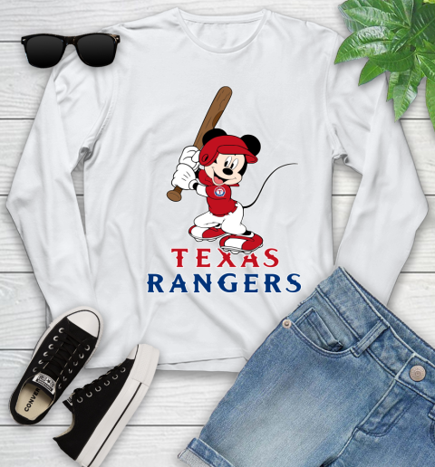 MLB Baseball Texas Rangers Cheerful Mickey Mouse Shirt Youth Long Sleeve 2