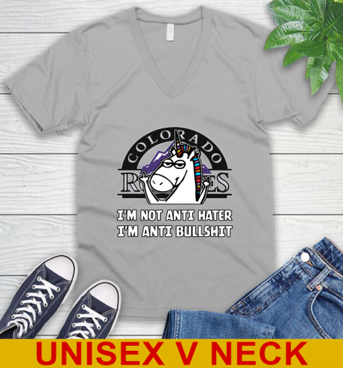 Colorado Rockies MLB Baseball Unicorn I'm Not Anti Hater I'm Anti Bullshit V-Neck T-Shirt - Image 5