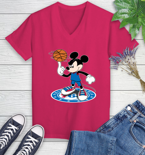 NBA Basketball Philadelphia 76ers Cheerful Mickey Disney Shirt Women's V-Neck T-Shirt - Image 9