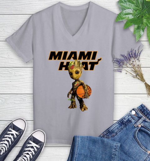 Miami Heat NBA Basketball Groot Marvel Guardians Of The Galaxy Women's V-Neck T-Shirt 4