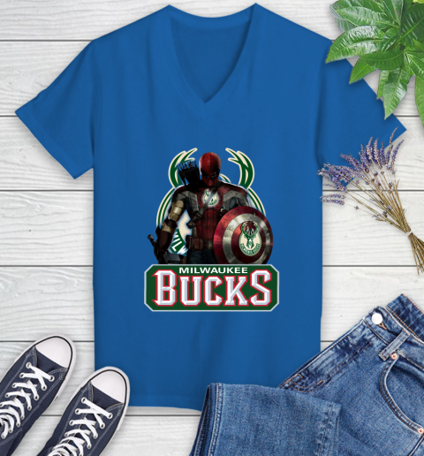 Milwaukee Bucks NBA Basketball Captain America Thor Spider Man Hawkeye Avengers Women's V-Neck T-Shirt 10