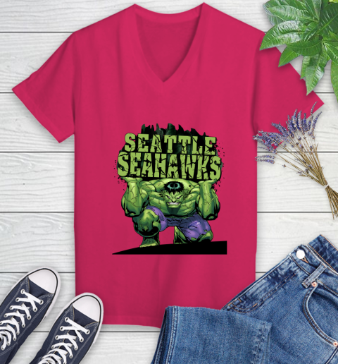 Seattle Seahawks NFL Football Incredible Hulk Marvel Avengers Sports Women's V-Neck T-Shirt 9