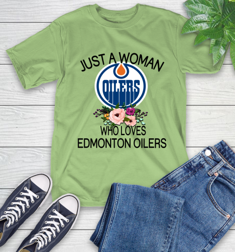NHL Just A Woman Who Loves Edmonton Oilers Hockey Sports T-Shirt 9