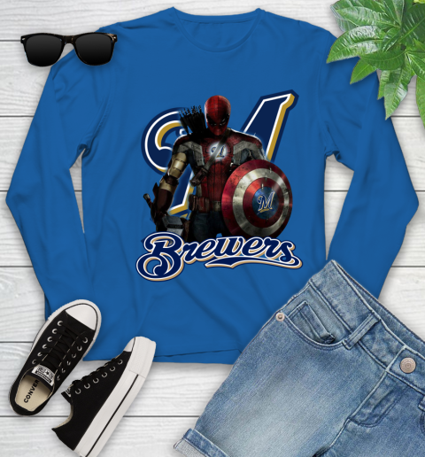 MLB Captain America Thor Spider Man Hawkeye Avengers Endgame Baseball Milwaukee Brewers Youth Long Sleeve 9