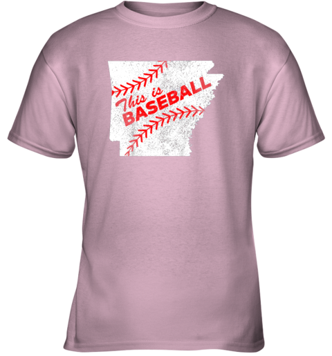 5stn this is baseball arkansas with red laces youth t shirt 26 front light pink