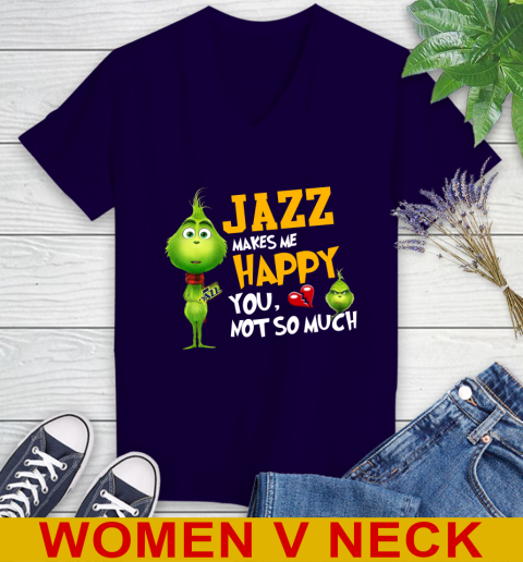 NBA Utah Jazz Makes Me Happy You Not So Much Grinch Basketball Sports Women's V-Neck T-Shirt 3
