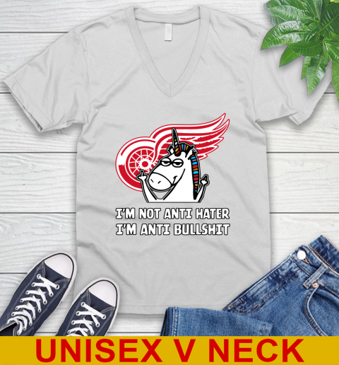 Detroit Red Wings NHL Hockey Unicorn I'm Not Anti Hater I'm Anti Bullshit V-Neck T-Shirt