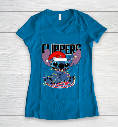 LA Clippers NBA noel stitch Basketball Christmas Women's V-Neck T-Shirt 4