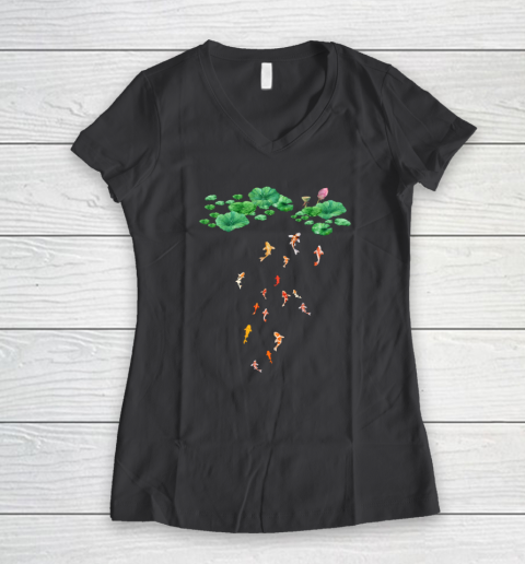 Watercolor Japanese Koi Fish Goldfish Lily Pad Lotus Leaf Shirt Women's V-Neck T-Shirt 4