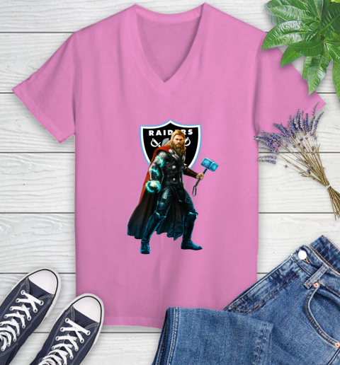 NFL Thor Avengers Endgame Football Oakland Raiders Women's V-Neck T-Shirt 14