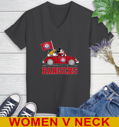 MLB Baseball Texas Rangers Pluto Mickey Driving Disney Shirt Women's V-Neck T-Shirt 9