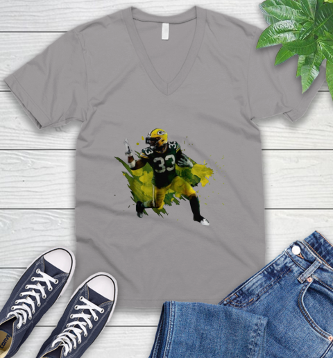 Aaron Jones Running Green Bay Packers V-Neck T-Shirt 3