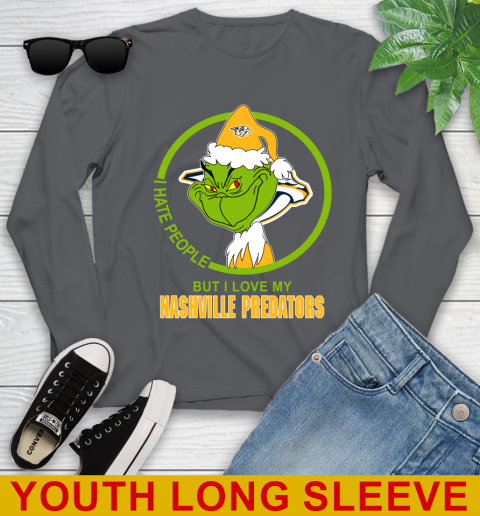 Nashville Predators NHL Christmas Grinch I Hate People But I Love My Favorite Hockey Team Youth Long Sleeve 9