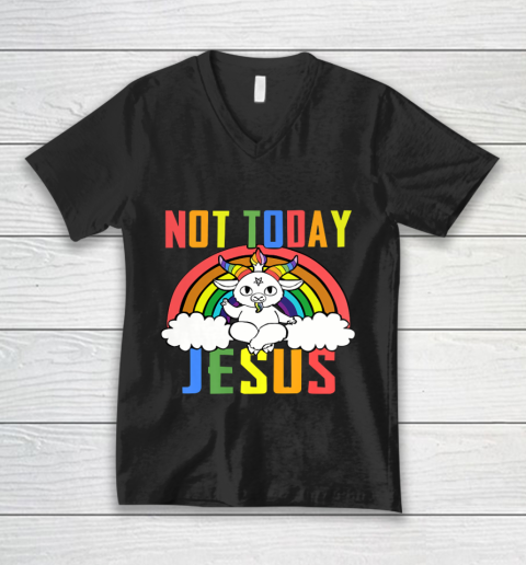 Unicorn Rainbow Not Today Jesus Premium V-Neck T-Shirt