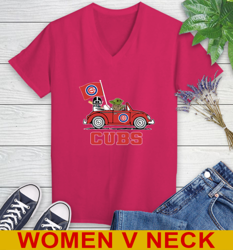 MLB Baseball Chicago Cubs Darth Vader Baby Yoda Driving Star Wars Shirt Women's V-Neck T-Shirt 10