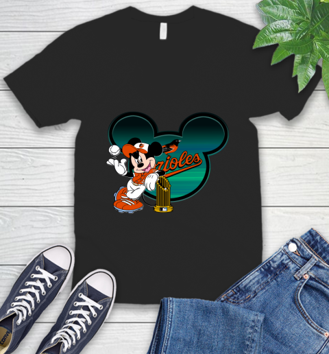 MLB Baltimore Orioles The Commissioner's Trophy Mickey Mouse Disney V-Neck T-Shirt 2
